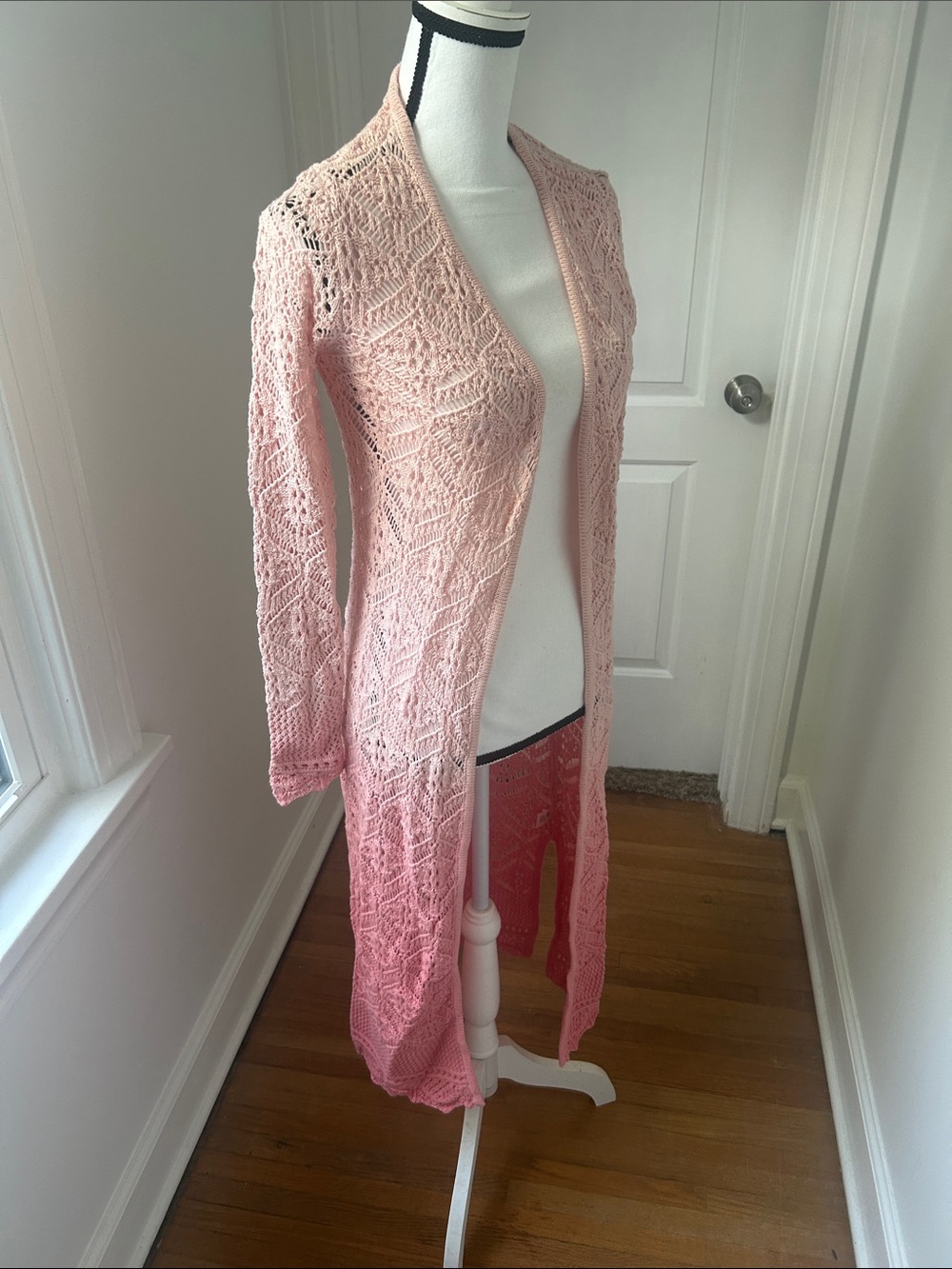 Freshman Pink Ombre Long Openwork Knit Cardigan